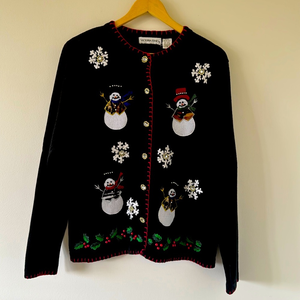 Vintage Snowman‎ Leopard Print Black Christmas Sweater Cardigan Size Medium